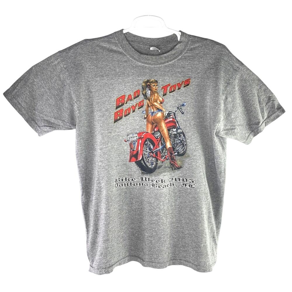 Vintage 2000s Bad Boys Toys Biker Shirt Size Large Gray Motorcycle Pinup Y2K